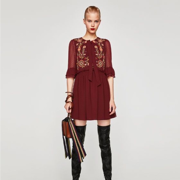 Zara Maroon dress size Small with embroidered floral pattern - Picture 12 of 12